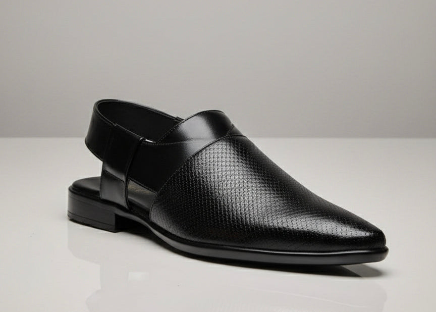 Black Textured Ethnic Slip-On Mojari for Men